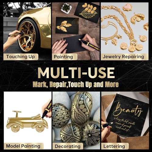 COORIART 3PK Permanent Mirror Chrome Gold Markers – Metallic Gold Paint Pens for Metal, Plastic, Fabric, Jewelry, Model Painting, Touch-Up and Repair Kit, Set of 3 Tips (0.7mm, 1mm, 3mm) - Image 4