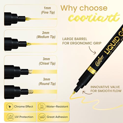 COORIART 3PK Permanent Mirror Chrome Gold Markers – Metallic Gold Paint Pens for Metal, Plastic, Fabric, Jewelry, Model Painting, Touch-Up and Repair Kit, Set of 3 Tips (0.7mm, 1mm, 3mm) - Image 2