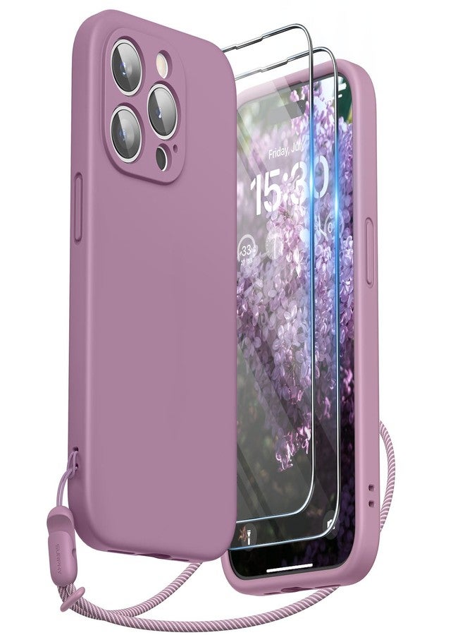 جراب سيليكون من SURPHY لهاتف iPhone 15 Pro مع واقي شاشة وحبل تعليق، [حماية للكاميرا] [بطانة من الألياف الدقيقة الناعمة] حزام للهاتف وغطاء مقاوم للصدمات، 6.1 بوصة، إصدار 2023، لون بنفسجي فاتح - Image 1