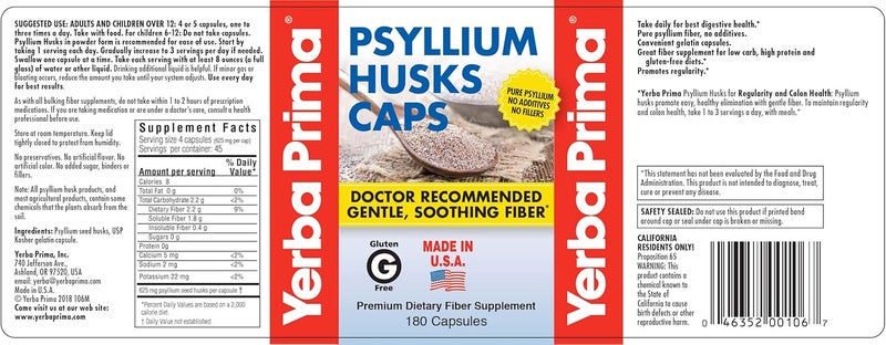 Yerba Prima Psyllium Husk Caps  180 Capsules Pack of 2  Easy to Swallow Fiber Supplement  Colon Cleanse  Gut Health  NonGMO Gluten Free - Image 2
