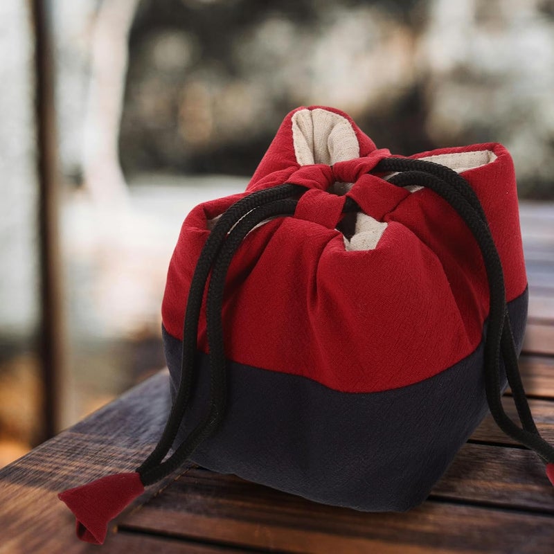 Portable Teaware Storage Bag Large Drawstring Cloth Tea Cup Pouch for Travel and Camping, Wine Red and Navy Blue, Tea Cup Holder with Soft Fabric for Kitchen Organization - Image 4