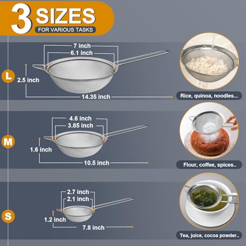 Ydeapi Fine Mesh Strainer, Stainless Steel Strainers with Sturdy Handle, Set of 3 Metal Sieve for Kitchen Food, Rice, Quinoa, Tea - 7", 4.6", 2.7" - Image 2