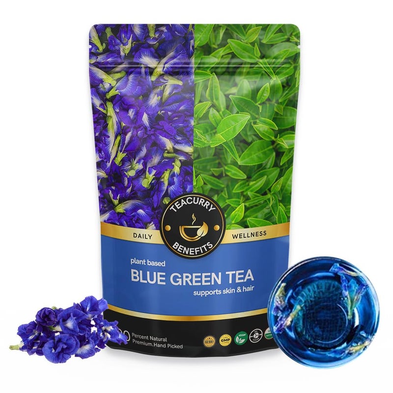 TEACURRY Blue Pea Flower Green Tea - 15 Pyramid Blue Pea Green Tea Bags | Helps with Weight Loss, Skin Glow, Hair Care, Brain Health | Butterfly Pea Green Tea - Image 1