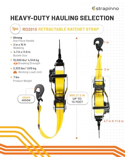Strapinno Retractable Ratchet Tie-Down Strap, 2in x 15ft Heavy-Duty with Snap Hooks,10,000lbs Breaking Strength & 3,333lbs Working Load Limit, Comes with a 36-Inch Axle Strap (Direct Hook 1PC) - Image 3