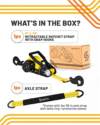 Strapinno Retractable Ratchet Tie-Down Strap, 2in x 15ft Heavy-Duty with Snap Hooks,10,000lbs Breaking Strength & 3,333lbs Working Load Limit, Comes with a 36-Inch Axle Strap (Direct Hook 1PC) - Image 2
