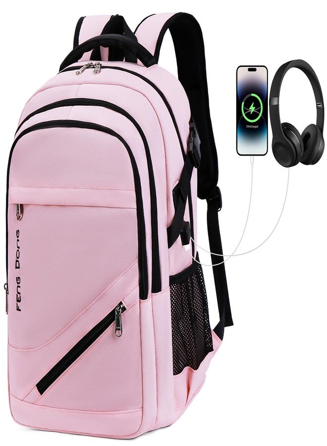 FENGDONG Laptop Backpack with USB Charging and Headphone fits 17.3 Inch Laptop, Light Pink, 18.11 x 12.6 x 8.3 inches - Image 1