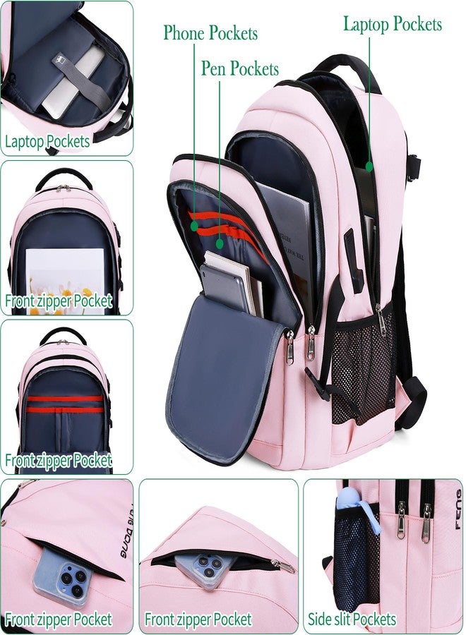 FENGDONG Laptop Backpack with USB Charging and Headphone fits 17.3 Inch Laptop, Light Pink, 18.11 x 12.6 x 8.3 inches - Image 3