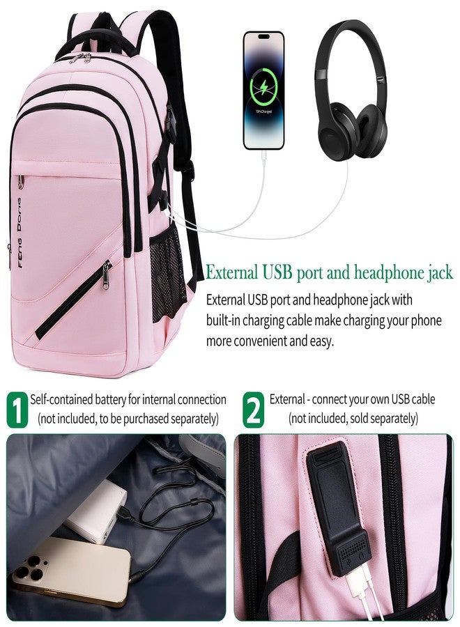 FENGDONG Laptop Backpack with USB Charging and Headphone fits 17.3 Inch Laptop, Light Pink, 18.11 x 12.6 x 8.3 inches - Image 5