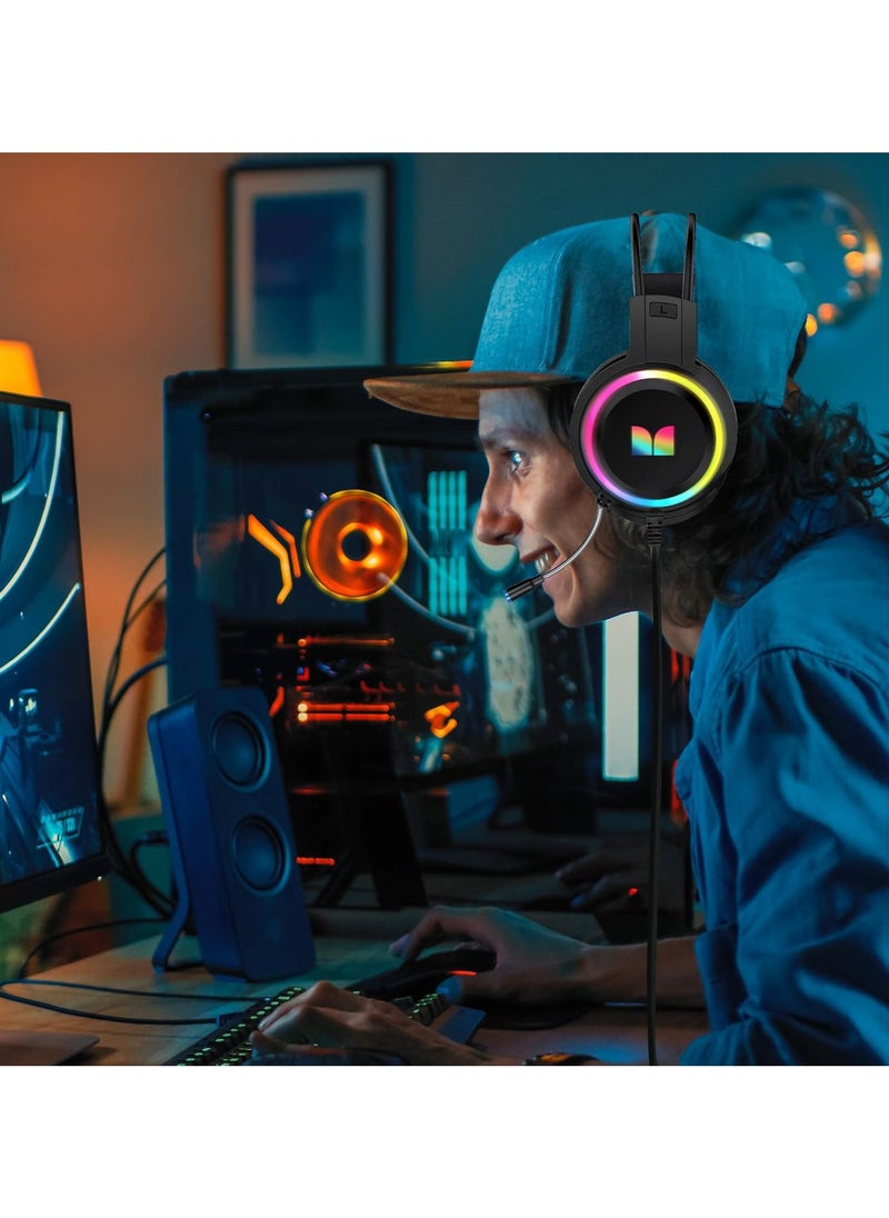 سماعة ألعاب مونستر RGB - صوت محيطي ستيريو - مشغلات 50 مم - تحكم مدمج في مستوى الصوت - توصيل بمنفذ 3.5 مم X2 وUSB للإضاءة | لأجهزة الكمبيوتر