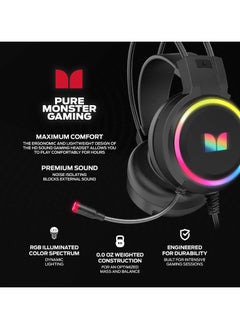 Monster Monster RGB Gaming Headset - Stereo Surround Sound - 50MM Drivers - Built-In Volume Control - Connect with 3.5mm X2 & USB For Lighting | For PC  - Image 3
