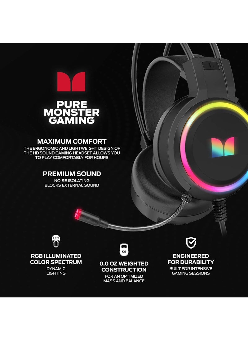 سماعة ألعاب مونستر RGB - صوت محيطي ستيريو - مشغلات 50 مم - تحكم مدمج في مستوى الصوت - توصيل بمنفذ 3.5 مم X2 وUSB للإضاءة | لأجهزة الكمبيوتر