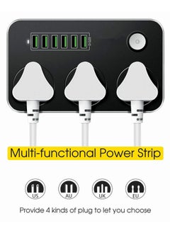 XiuWoo Power Strip Extension Cable - Smart Power Outlet with 3 Outlets, 6 USB Ports, Universal Charging Socket (2m Long, Black)  - Image 1