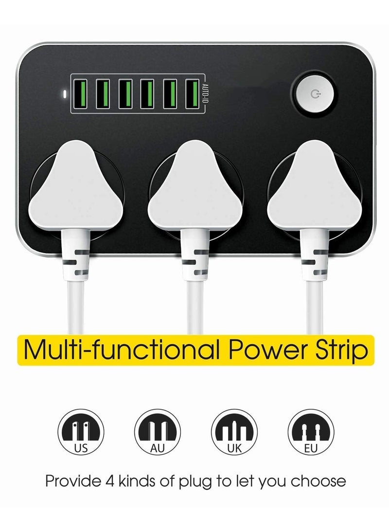 XiuWoo Power Strip Extension Cable - Smart Power Outlet with 3 Outlets, 6 USB Ports, Universal Charging Socket (2m Long, Black)  - Image 1