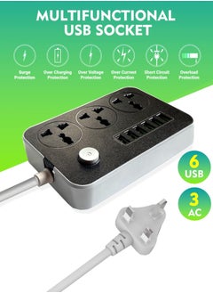 XiuWoo Power Strip Extension Cable - Smart Power Outlet with 3 Outlets, 6 USB Ports, Universal Charging Socket (2m Long, Black)  - Image 2