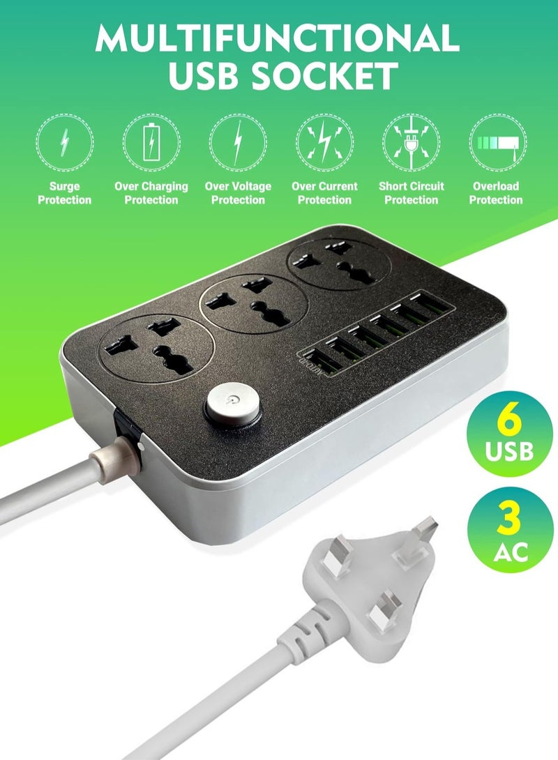 XiuWoo Power Strip Extension Cable - Smart Power Outlet with 3 Outlets, 6 USB Ports, Universal Charging Socket (2m Long, Black)  - Image 2