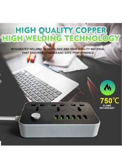 XiuWoo Power Strip Extension Cable - Smart Power Outlet with 3 Outlets, 6 USB Ports, Universal Charging Socket (2m Long, Black)  - Image 4