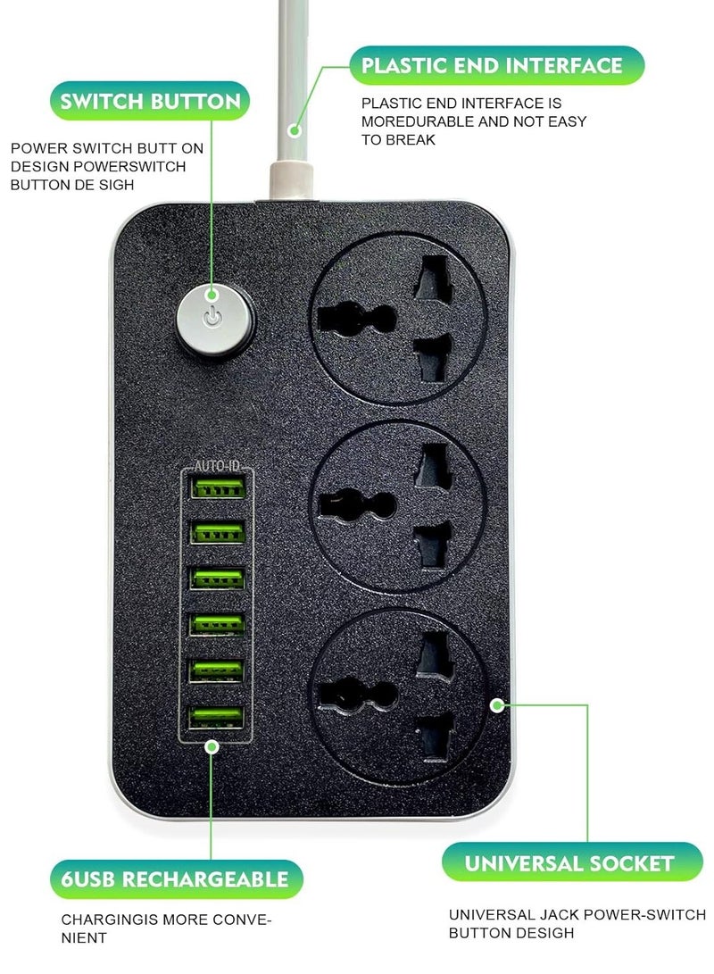 XiuWoo Power Strip Extension Cable - Smart Power Outlet with 3 Outlets, 6 USB Ports, Universal Charging Socket (2m Long, Black)  - Image 5