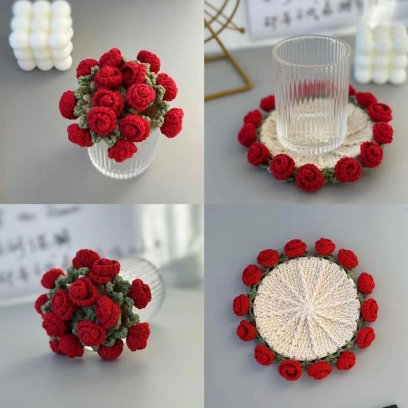 Pink Handmade Rose Bouquet Coasters Dry Flower Home Decoration Gift Set - Image 3