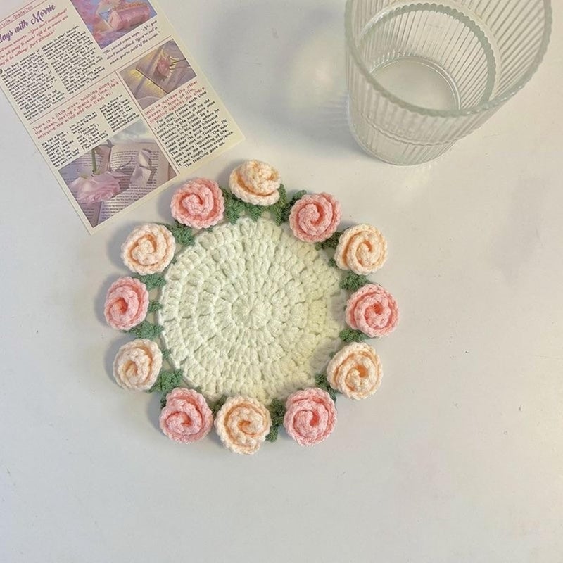 Pink Handmade Rose Bouquet Coasters Dry Flower Home Decoration Gift Set - Image 5