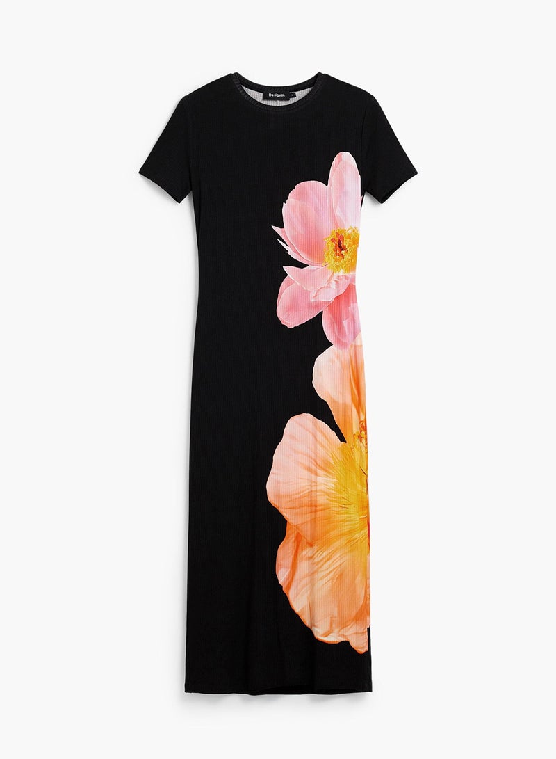 DESIGUAL Long Short-Sleeved Dress In Plain Fabric With Positional Flower Print - Image 5