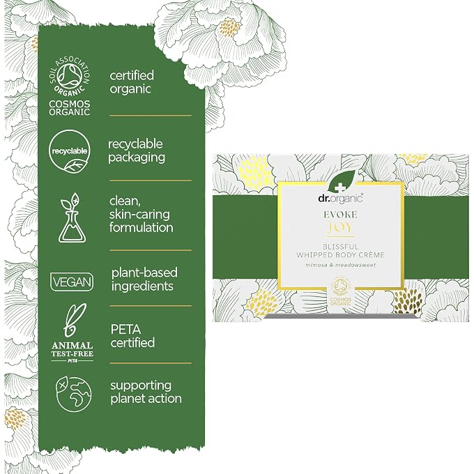 dr.organic Dr Organic Evoke Joy Blissful Whipped Body Crme, Hydrating Body Cream, 24-Hour Moisturisation, with Mimosa & Meadowsweet, Certified Organic, 200ml - Image 3