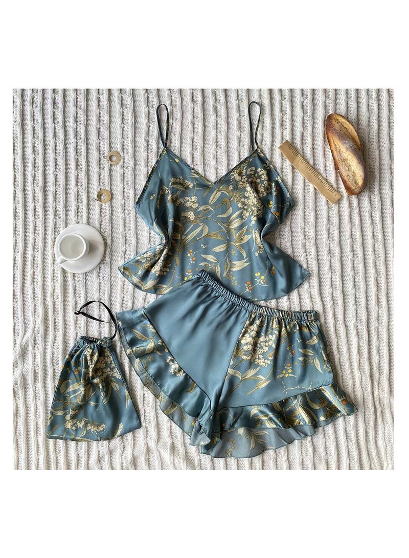 Women Satin Floral Pajama Set with Cami Top And Shorts With carrying Bag - Image 1