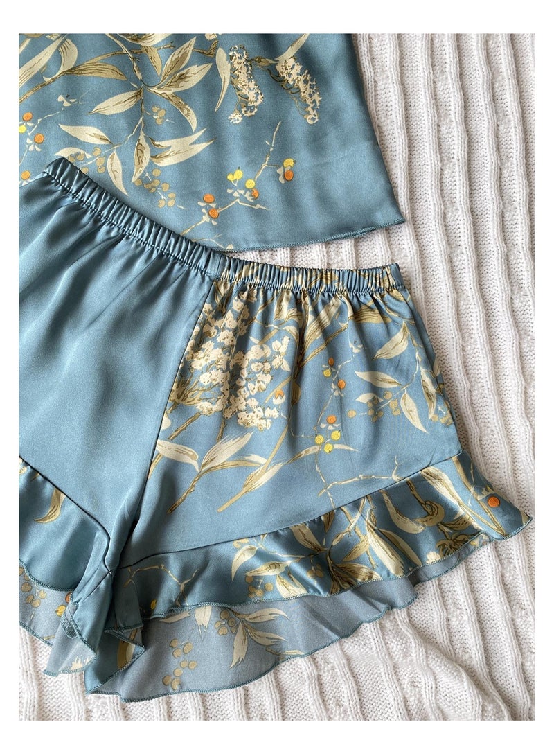 Women Satin Floral Pajama Set with Cami Top And Shorts With carrying Bag - Image 2