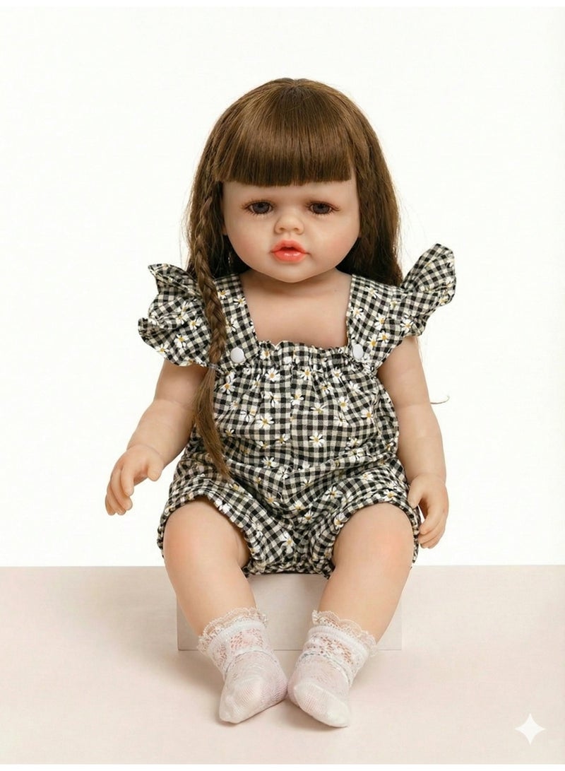 REZZOSS Soft Doll 46cm Realistic Reborn Baby Doll Silicone Vinyl Toddler Girl Toy | Lifelike Newborn Doll with Silky Hair & Black Checkered Outfit | Poseable Moving Limbs Play Doll for Kids | Best Birthday Gift for Girls 3+ | Real Looking Weighted Doll - Image 1