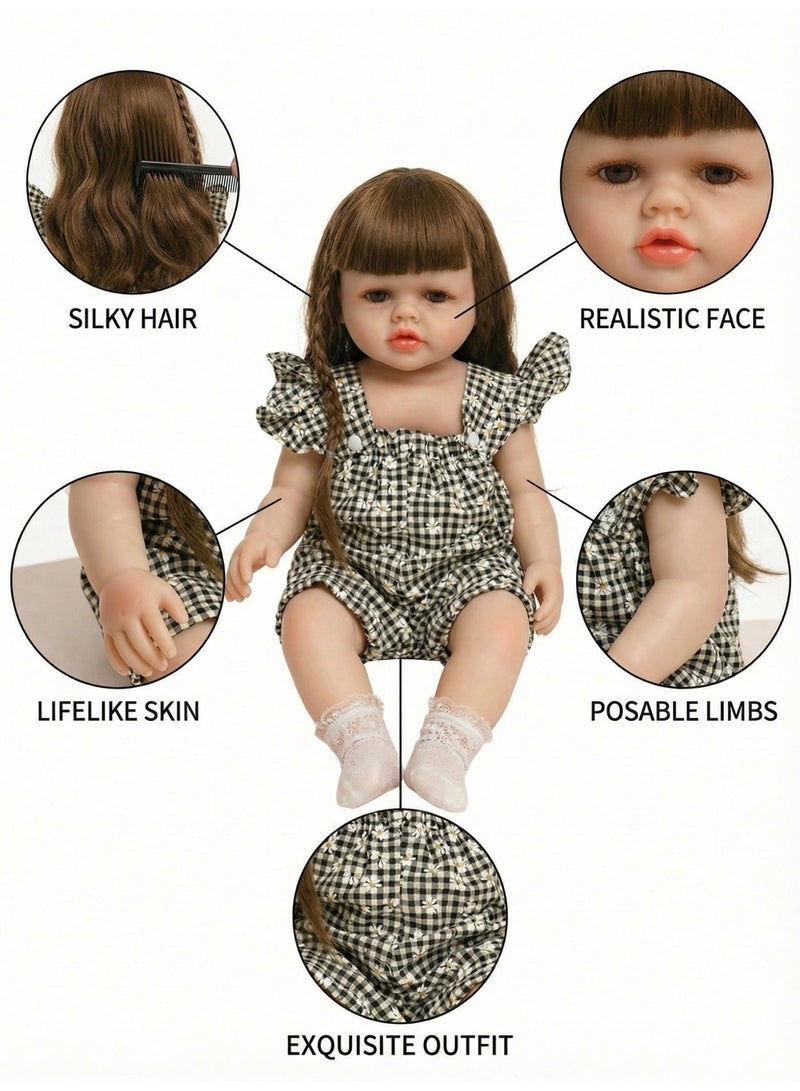 REZZOSS Soft Doll 46cm Realistic Reborn Baby Doll Silicone Vinyl Toddler Girl Toy | Lifelike Newborn Doll with Silky Hair & Black Checkered Outfit | Poseable Moving Limbs Play Doll for Kids | Best Birthday Gift for Girls 3+ | Real Looking Weighted Doll - Image 3