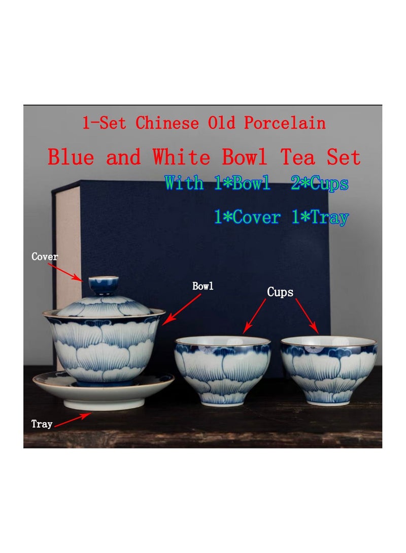 1-Set Chinese Old Porcelain Blue and White Bowl Tea Set,Chinese Tea Bowl with Cover Tray and Cups,Chinese Traditional Handicraft Ceramic Tea Set - Image 1