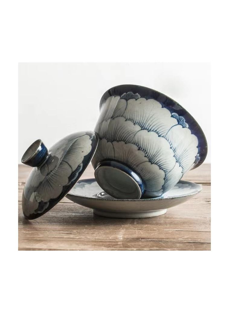 1-Set Chinese Old Porcelain Blue and White Bowl Tea Set,Chinese Tea Bowl with Cover Tray and Cups,Chinese Traditional Handicraft Ceramic Tea Set - Image 4