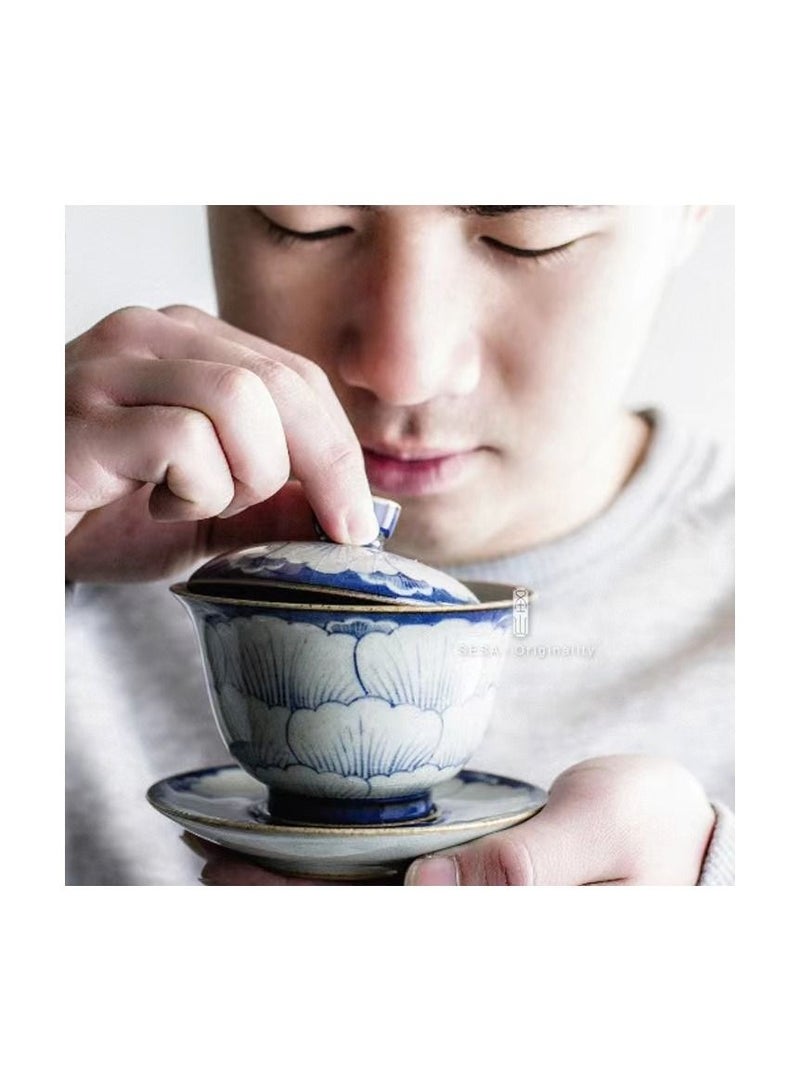 1-Set Chinese Old Porcelain Blue and White Bowl Tea Set,Chinese Tea Bowl with Cover Tray and Cups,Chinese Traditional Handicraft Ceramic Tea Set - Image 3