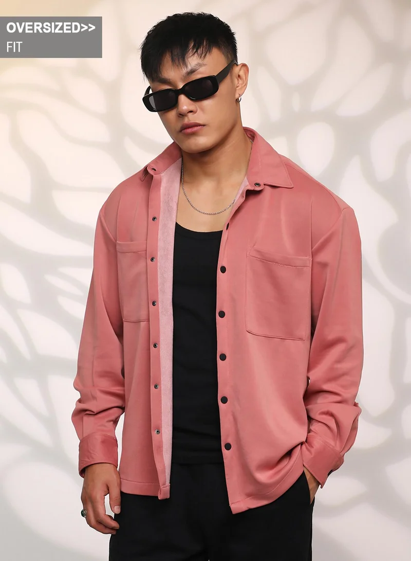 Campus Sutra Campus Sutra Men's Salmon Pink Solid Utility Shacket For Casual Wear | Spread Collar | Long Sleeve | Button Closure | Overshirt/Shacket Crafted With Comfort Fit For Everyday Wear