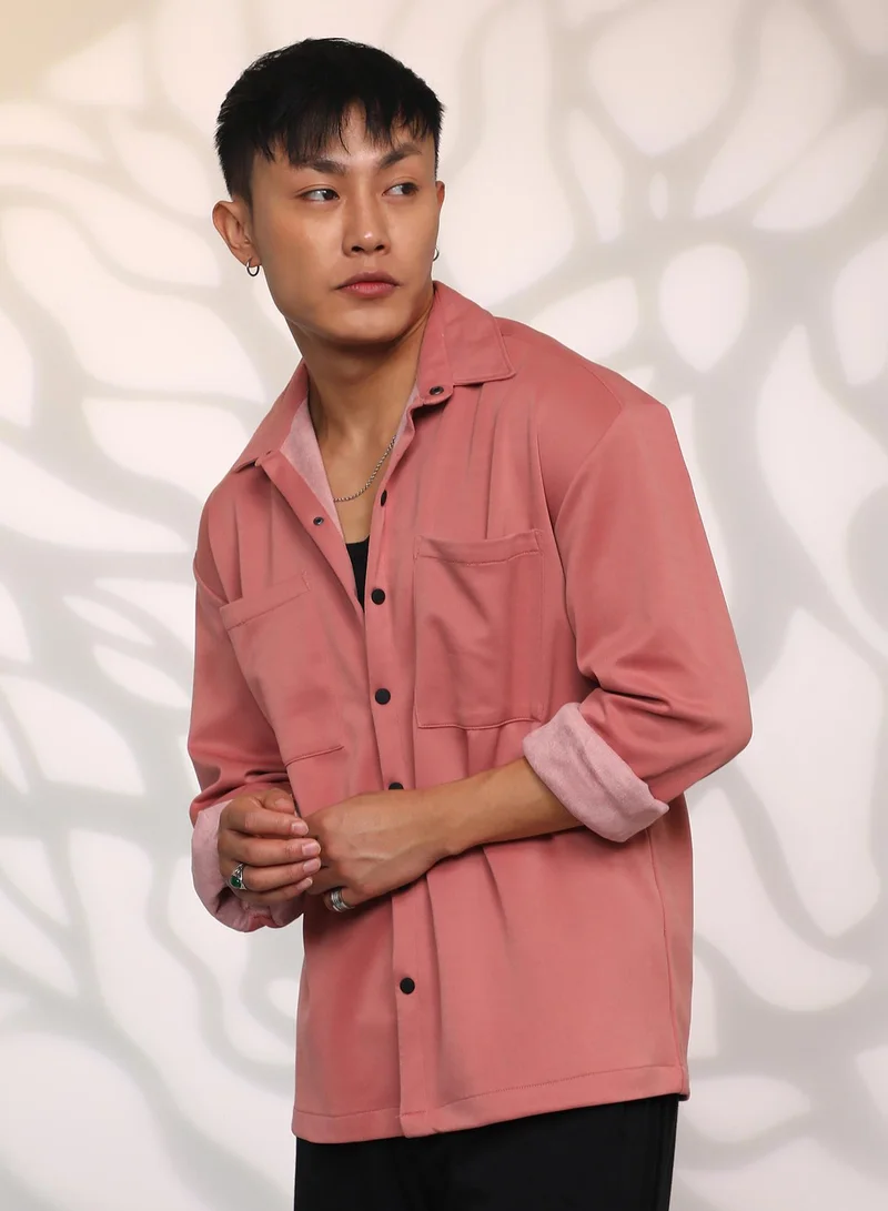 Campus Sutra Men's Salmon Pink Solid Utility Shacket