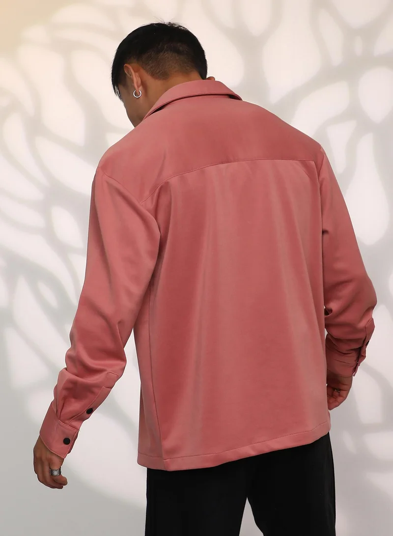 Campus Sutra Men's Salmon Pink Solid Utility Shacket