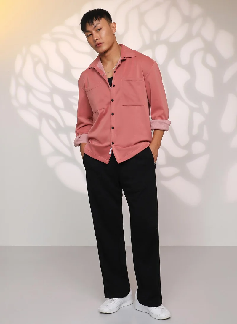 Campus Sutra Men's Salmon Pink Solid Utility Shacket