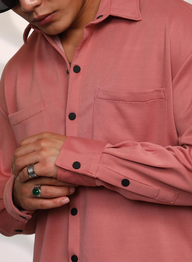 Campus Sutra Men's Salmon Pink Solid Utility Shacket