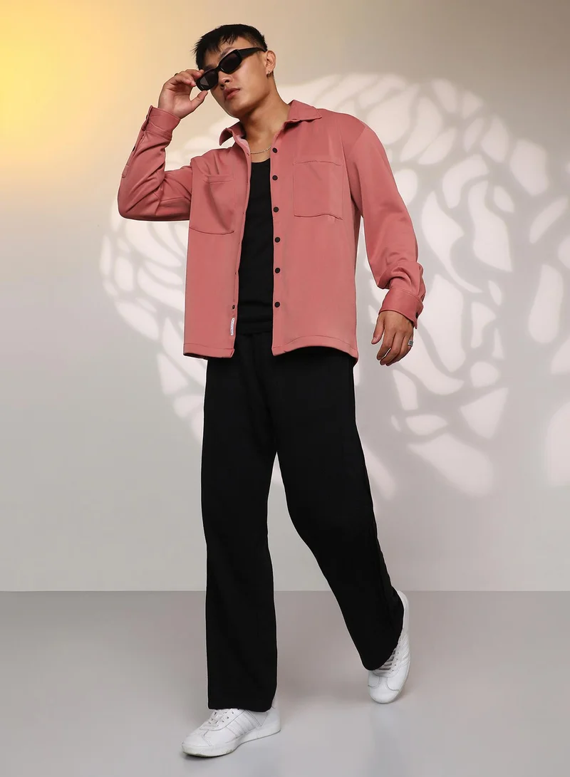 Campus Sutra Men's Salmon Pink Solid Utility Shacket