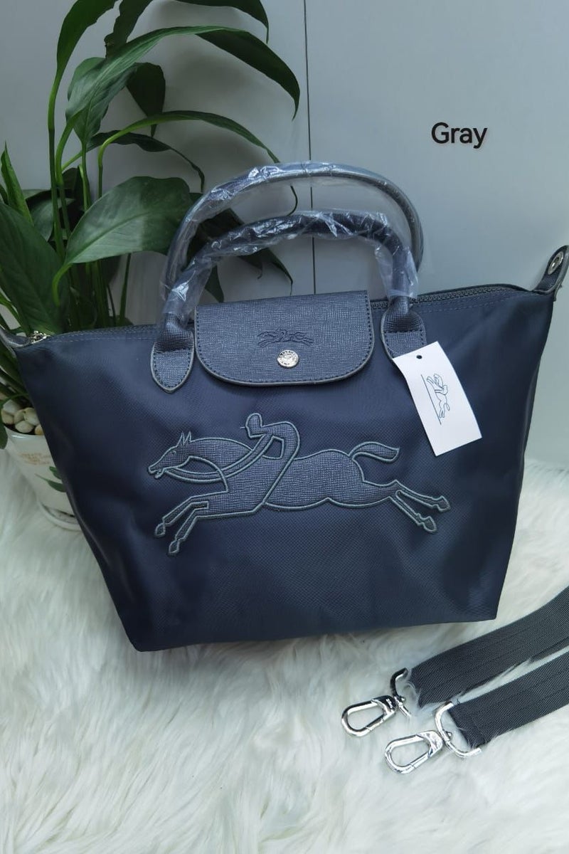 Elegant Nylon Tote Handbag with Horse Embroidery and Adjustable Strap – Gray