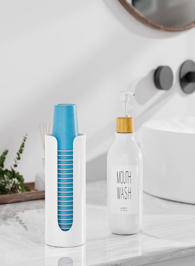 VITVITI موزع غسول الفم فيتفيتي للحمام، موزع غسول فم يُثبت على الحائط مع حامل أكواب، عبوة مضخة غسول فم قابلة لإعادة التعبئة سعة 17 أونصة، بلاستيك/خيزران/معدن، أبيض - Image 3