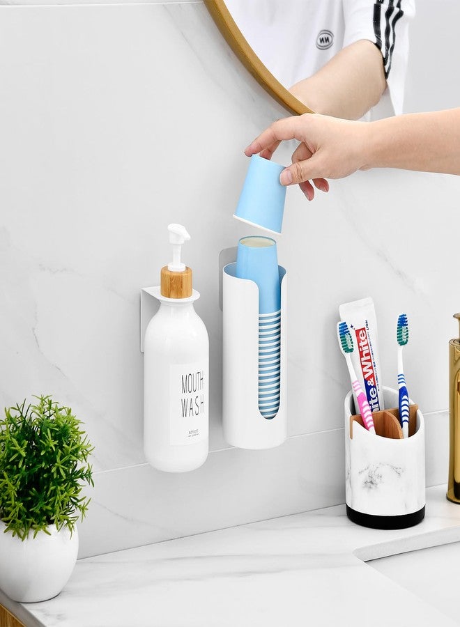 VITVITI موزع غسول الفم فيتفيتي للحمام، موزع غسول فم يُثبت على الحائط مع حامل أكواب، عبوة مضخة غسول فم قابلة لإعادة التعبئة سعة 17 أونصة، بلاستيك/خيزران/معدن، أبيض - Image 2