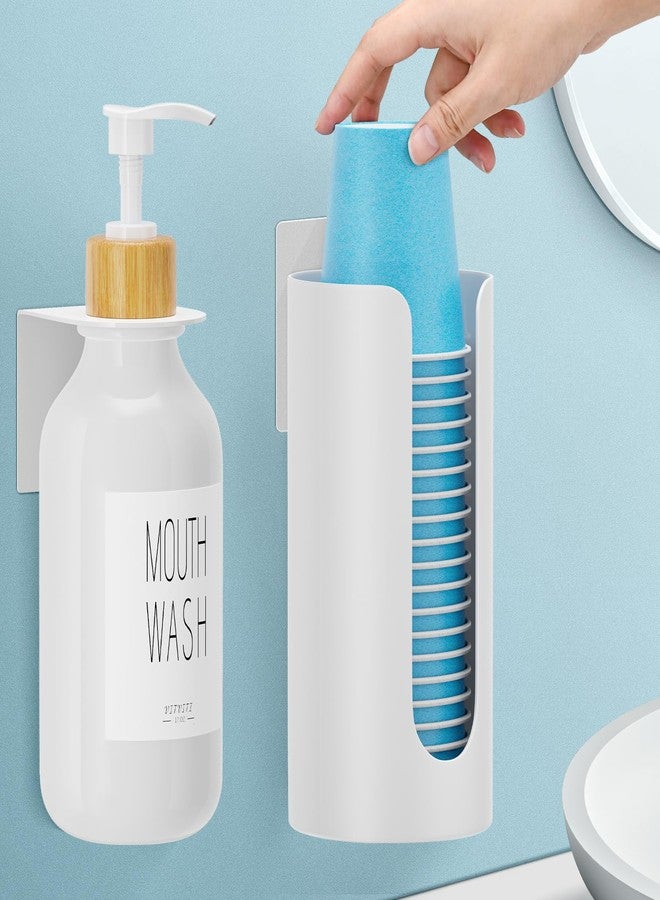 VITVITI موزع غسول الفم فيتفيتي للحمام، موزع غسول فم يُثبت على الحائط مع حامل أكواب، عبوة مضخة غسول فم قابلة لإعادة التعبئة سعة 17 أونصة، بلاستيك/خيزران/معدن، أبيض - Image 1