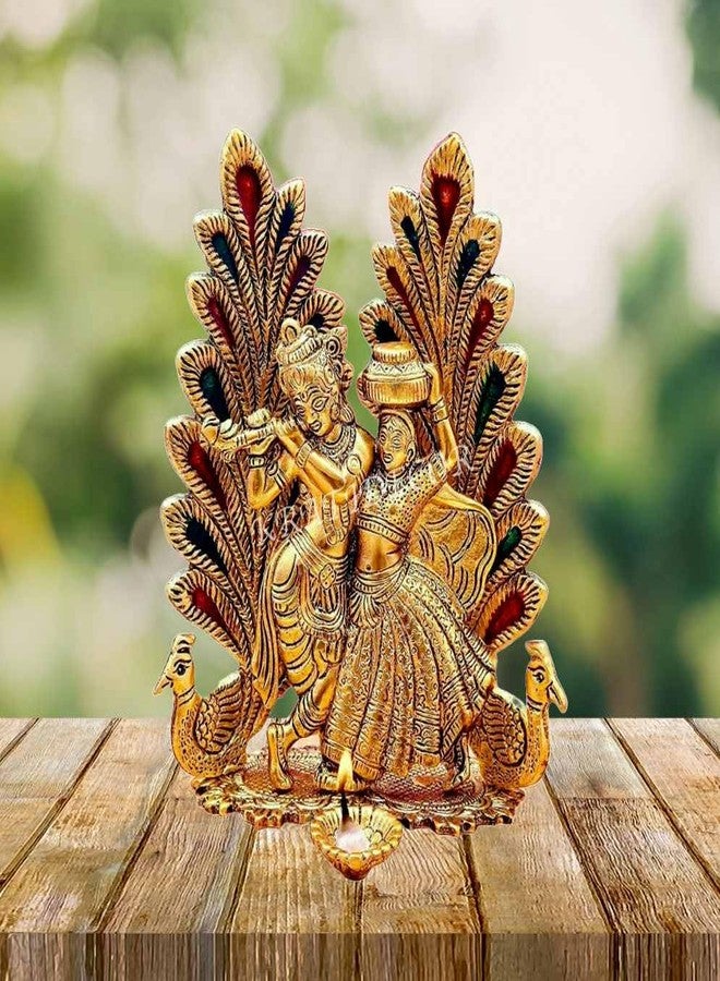 Kratidecor Peacock Design Radha Krishna Idol Showpiece with Diya (Aluminium)