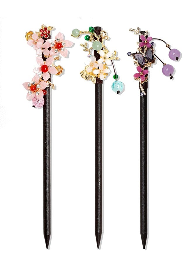 3 PACK Chinese Traditional Flower Hair Sticks Vintage Wooden Hair Pin Japanese Style Handmade Headpiece for Women Girls - Image 1