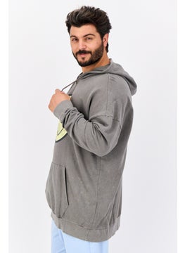 Smiley Men Hooded Graphic Print Long Sleeve Sweatshirt, Grey  - Image 2