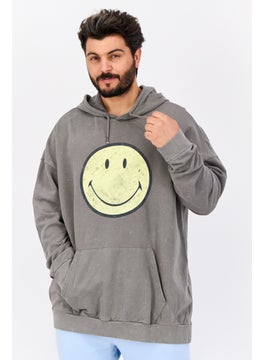 Smiley Men Hooded Graphic Print Long Sleeve Sweatshirt, Grey  - Image 1