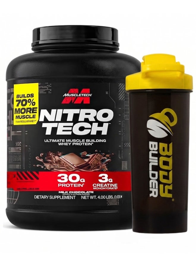 MuscleTech Nitro Tech Whey Protein with Milk Chocolate 4LB Body Builder Shaker Shaker - Image 1