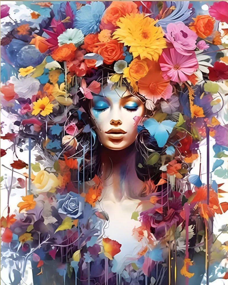 HZYH لوحة تلوين بالأرقام للبالغين - مجموعة فنون يدوية لرسم امرأة وورود، مقاس 16×20 بوصة - Image 1