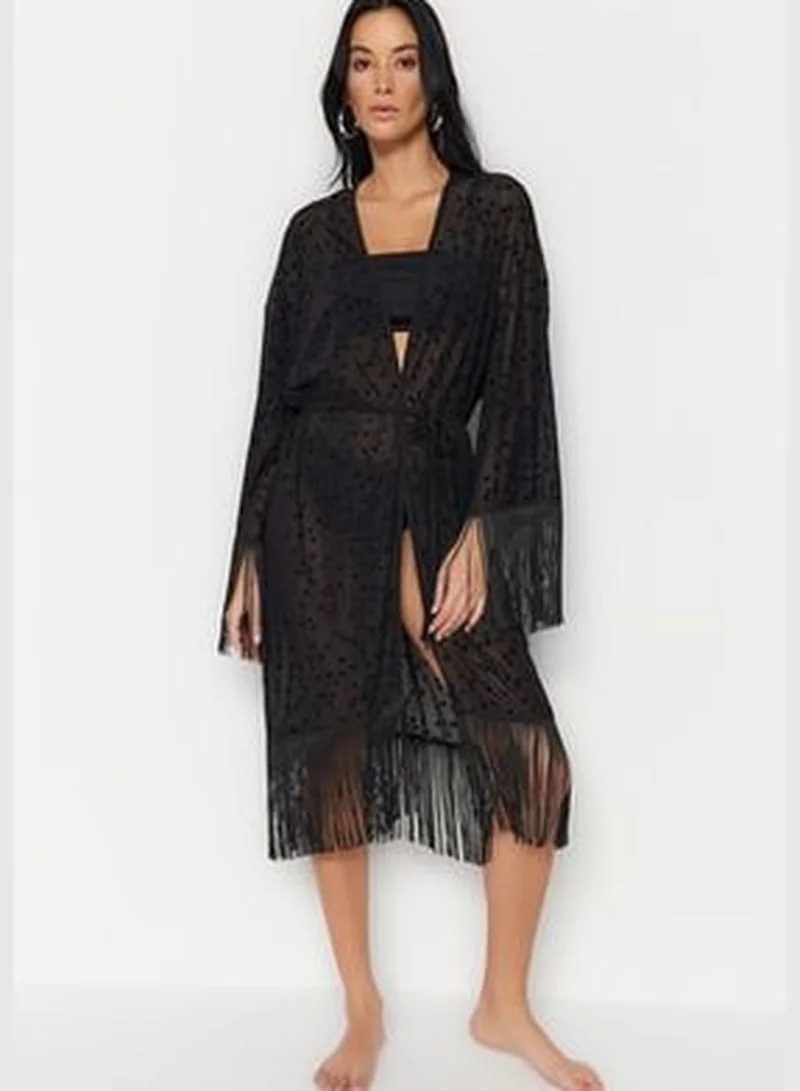 trendyol Black Belted Maxi Knitted Fringe Kimono & Kaftan TBESS23KM00091