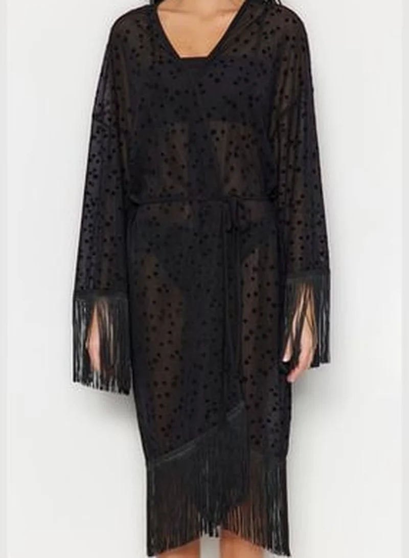 trendyol Black Belted Maxi Knitted Fringe Kimono & Kaftan TBESS23KM00091